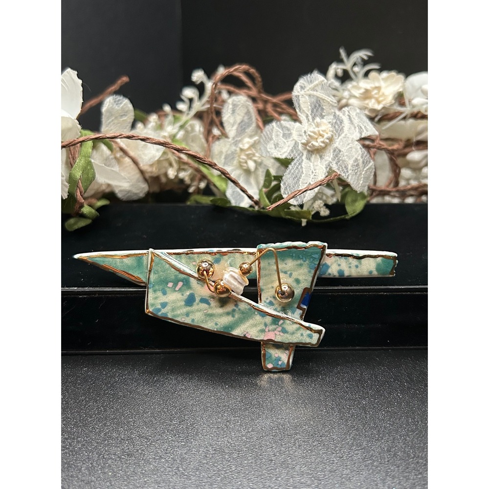 Vintage Handmade Abstract Geometric Brooch Pin Memphis Style Wearable Art Pastel